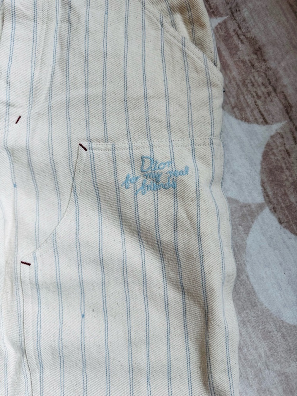 Dior Cream Pants with Blue Pinstripes and Branded Button - Picture 3 of 14